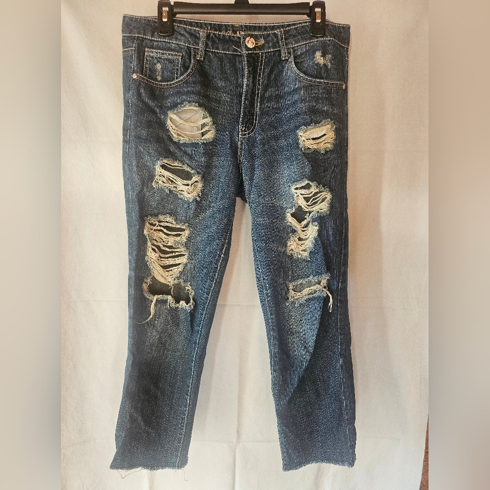 Almost Famous cropped distressed dark wash denim. 24" inseam. Size 9.